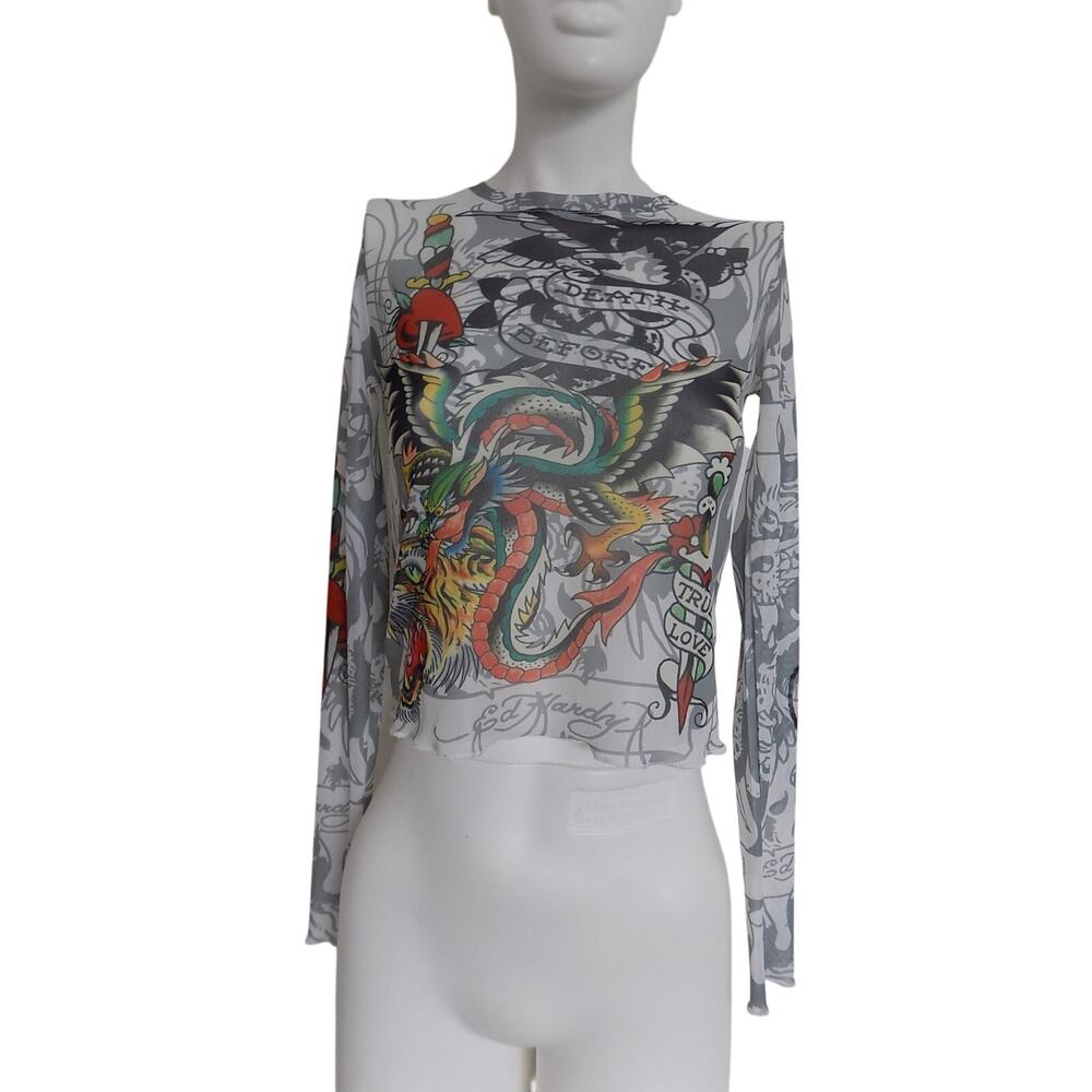 Ed Hardy cropped long sleeve knit top Y2K 90's size Small